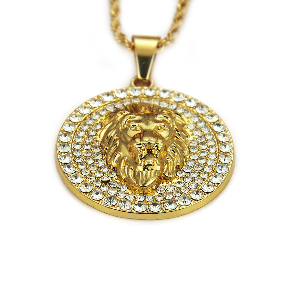 AliExpress deseo Venta caliente popular tridimensional diamante incrustado redondo cabeza de león collar de moda de los hombres hiphop colgante de la joyería