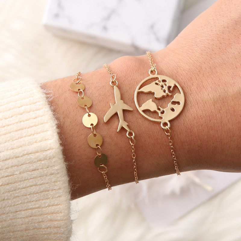 European and American Bohemian Aircraft Map Charm Bracelet 3-piece Set Women's Multi-layer Gold Chain Link Bracelet Gift Wholesale