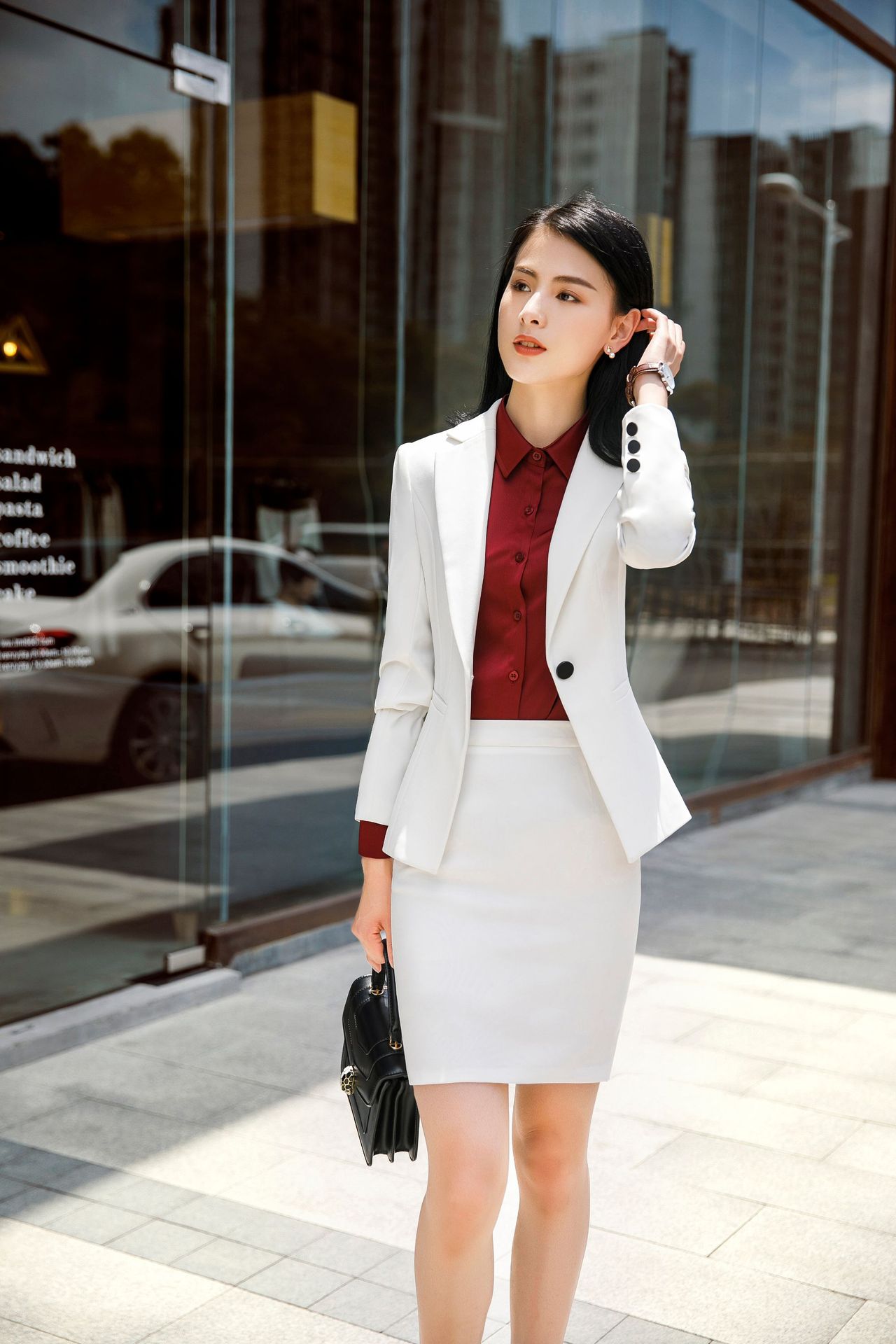 2018新款职业装女套装时尚气质收腰长袖白色小西装ol工作服批发-阿里巴巴