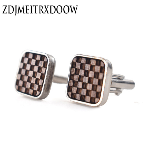 16MM Square Wooden Cufflinks Made of Black Walnut Wood, French Cufflinks with Engraved Grid Surface