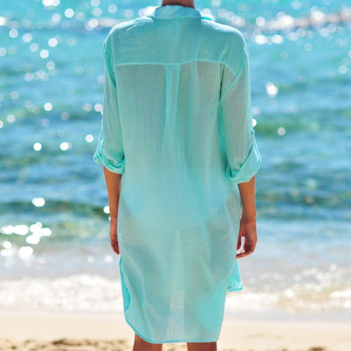 breasted solid color long sleeve loose lapel beach shirt cover-up NSMUX131417