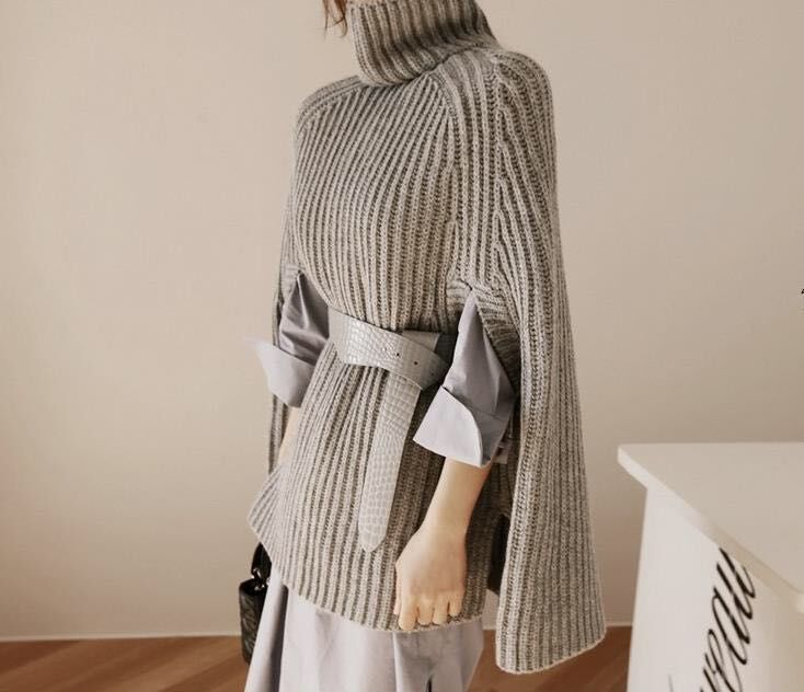 Otoño e Invierno nuevo split Jersey cuello alto todo partido poncho suéter manga del Batwing más tamaño prendas de punto capa de las mujeres