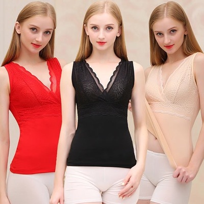 一件代发  女士保暖内衣加绒加厚V领蕾丝收腹美体打底背心秋冬