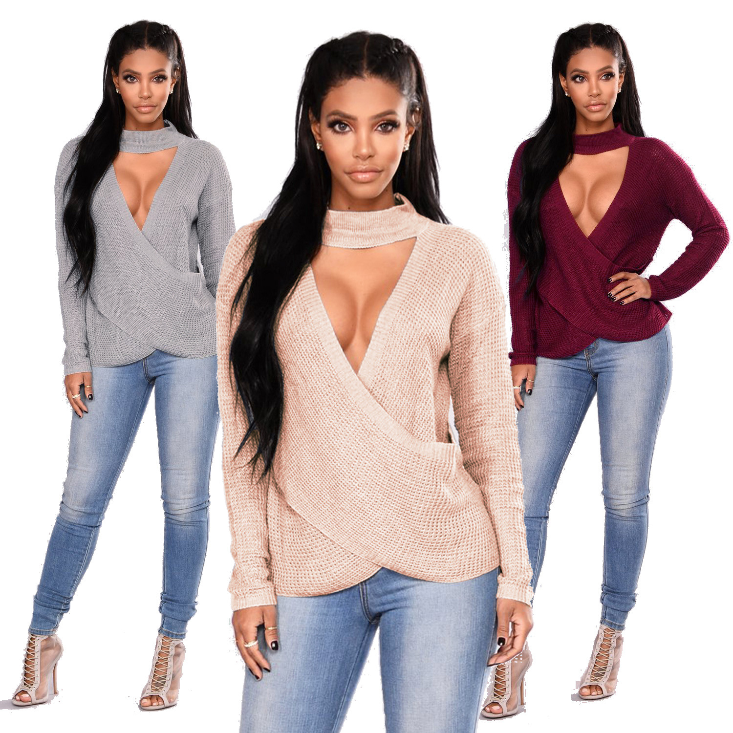 Knit Sweater Sexy Cross Front Design Long Sleeve High Neck Irregular Hem Autumn Winter Fashion Wholesale Available