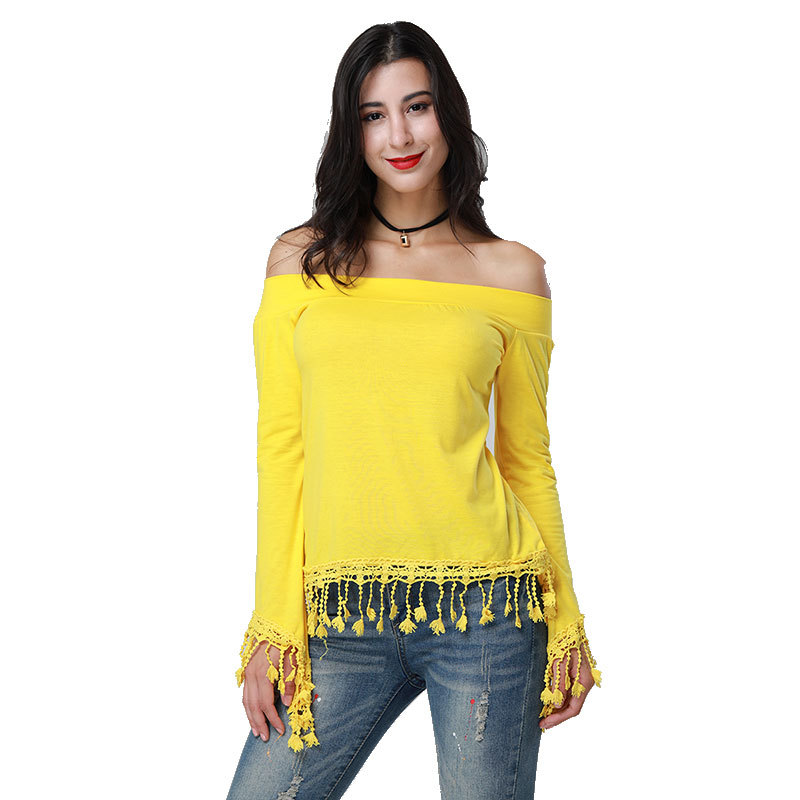 Womens Plus Size Long Sleeve Off Shoulder T Shirt Trendy Fringed Design Spring Summer Casual Wear Wholesale Available
