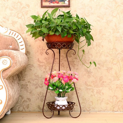 78# Wholesale Iron Flower Stand Indoor Double Layer Multi-functional Floor-standing Balcony Planter Shelf Multi-level Flower Stand