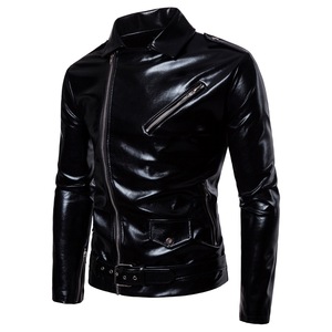 European and American trend locomotive leather coat in autumn with bright black leather jacket
