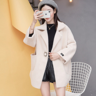 原创设计2018毛衣水貂绒外套女中长款休闲小西装加厚大衣宽松桐乡