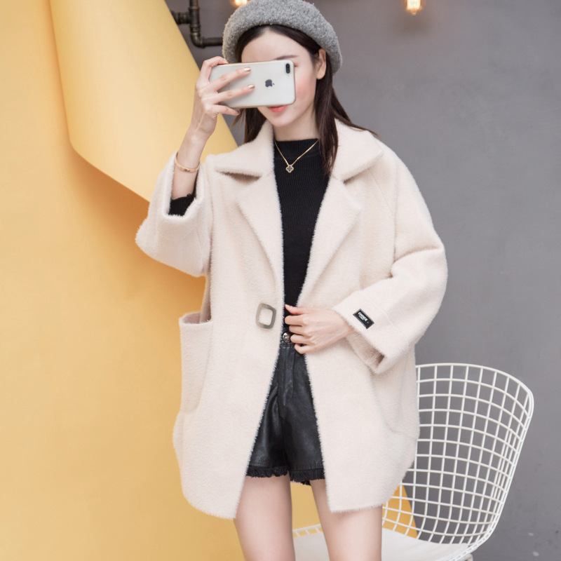 原创设计2018毛衣水貂绒外套女中长款休闲小西装加厚大衣宽松桐乡