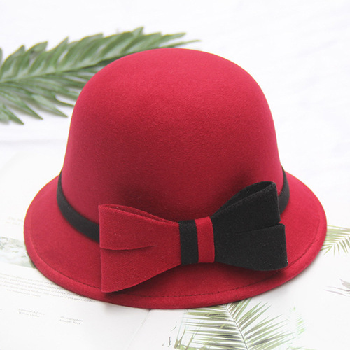 Korean style autumn and winter women's woolen hat two-color large bow basin hat dome elegant temperament felt hat top hat