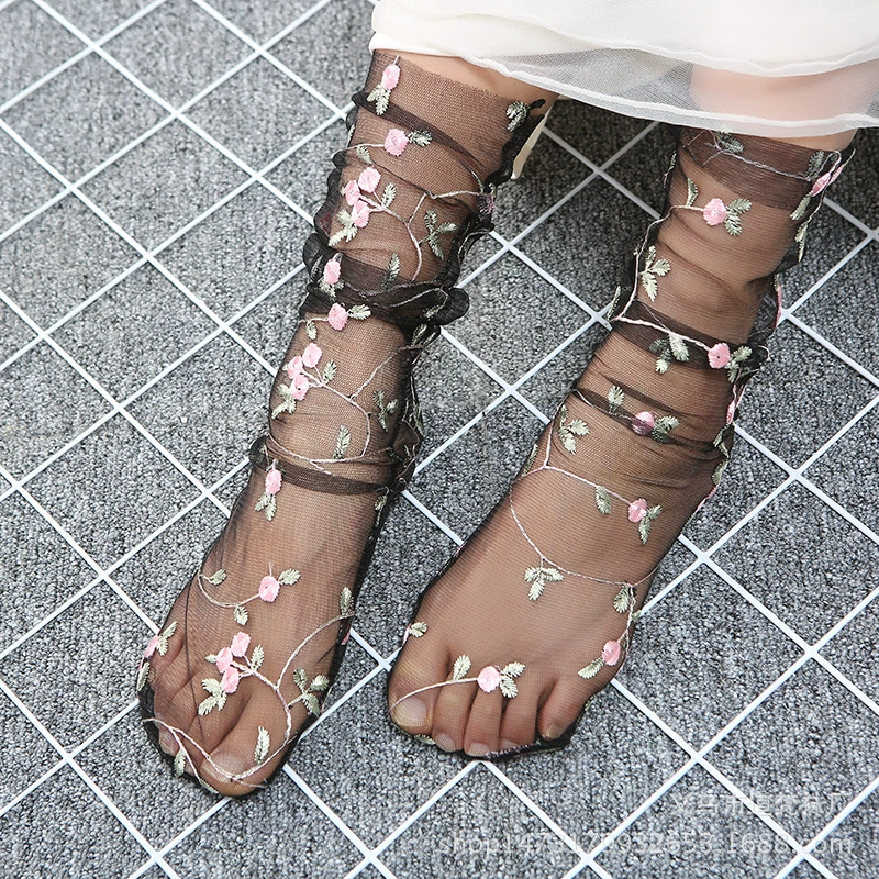 Embroidered Floral Mesh Socks, Spring–Summer Sheer Gauze, One Size (Black/White)