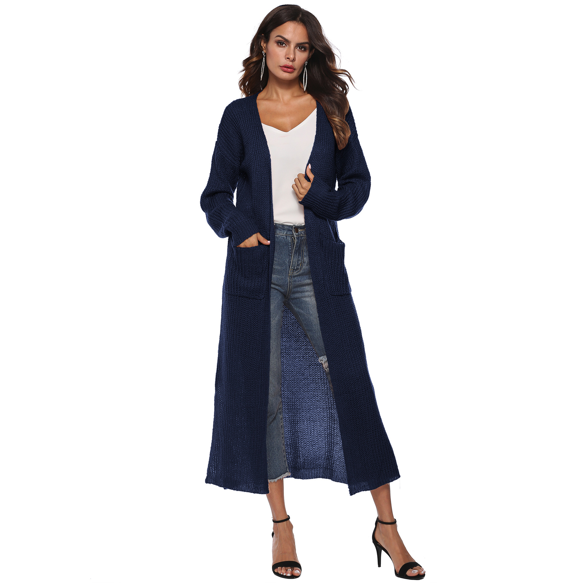 open-fork big pocket knit long thin coat NSOY28458