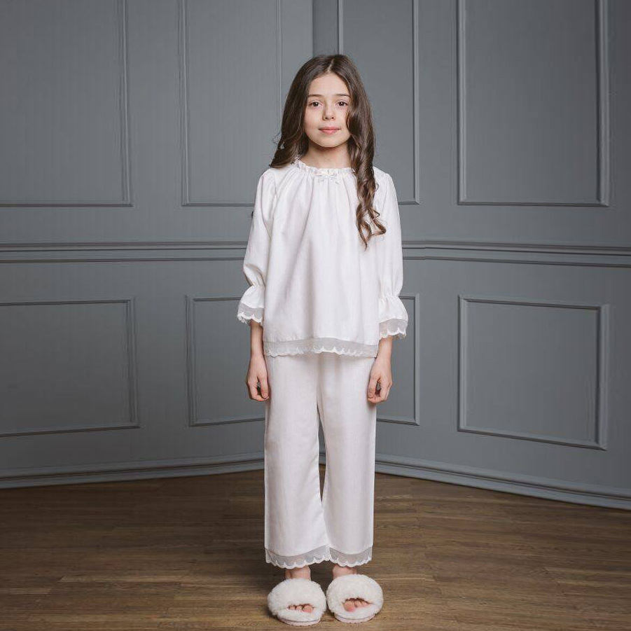 2025 Spring and Autumn New Children's Clothing Children's Home Clothes Set Girls' Lace Pajamas Two-Piece Set Contains 30% Silk