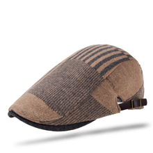 贝雷帽男士秋冬季羊毛呢帽子英伦前进帽条纹中老年鸭舌帽一件代发