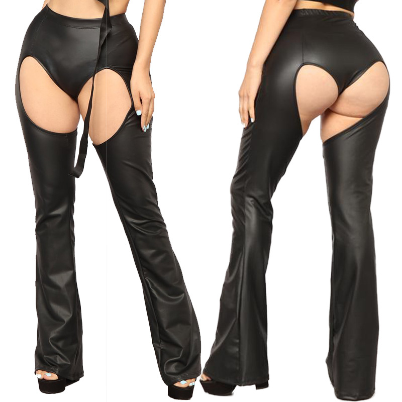 European And American Hot-selling Peach Hip Sexy Imitation Leather Bell-bottom Pants Nightclub T-shaped Hip-lifting Sexy Trousers Leggings For Women