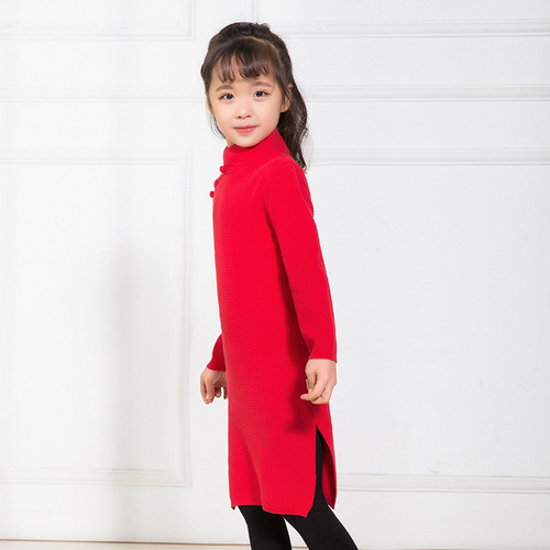 New Year's greetings suit children's women's knitted sweater seven-quarter sleeve children's sweater cheongsam dress long style parent-child clothing mother and daughter 
