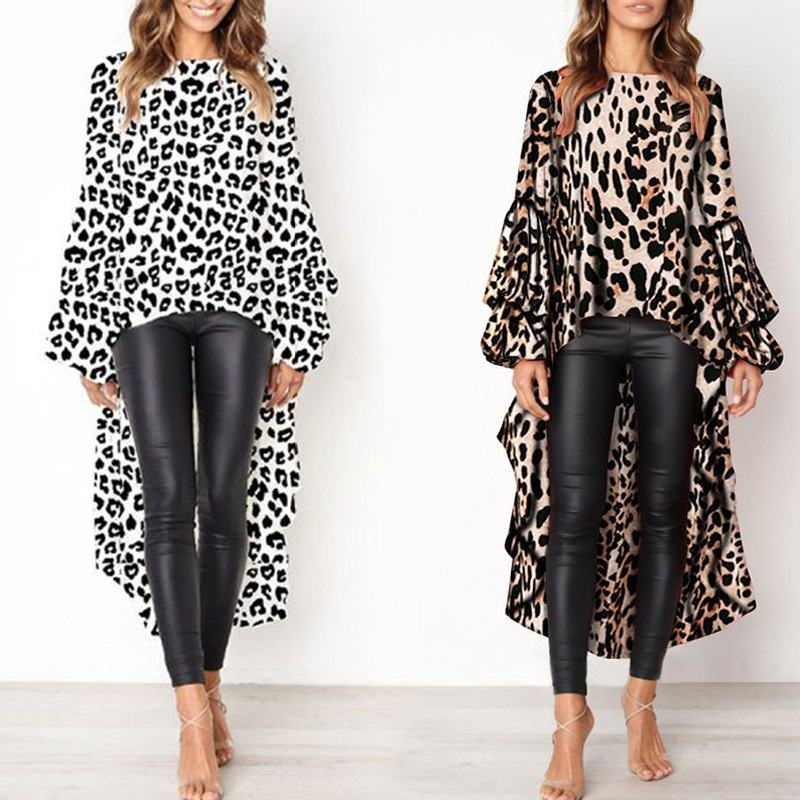 leopard print long-sleeved irregular lantern sleeve top nihaostyles clothing wholesale NSLBS81489