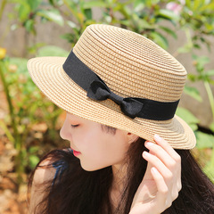 韓版夏季親子草帽紙編百搭小蝴蝶結綁帶帽子男女童平頂帽純色禮帽