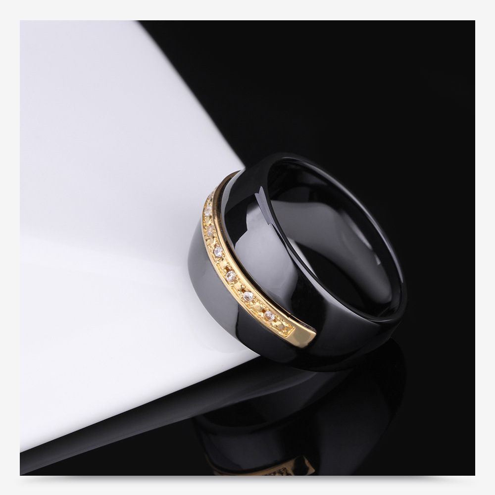 Einfach Schwarz Weiß Keramik Edelstahl Intarsien Diamant Paar Ring display picture 3