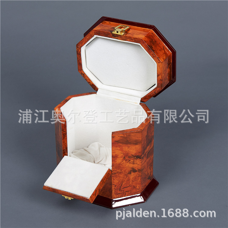 Octagonal flip lid split-opening wooden box packaging, lacquered and printed wooden wine box wholesale, essential oil wooden box customization detail image 2
