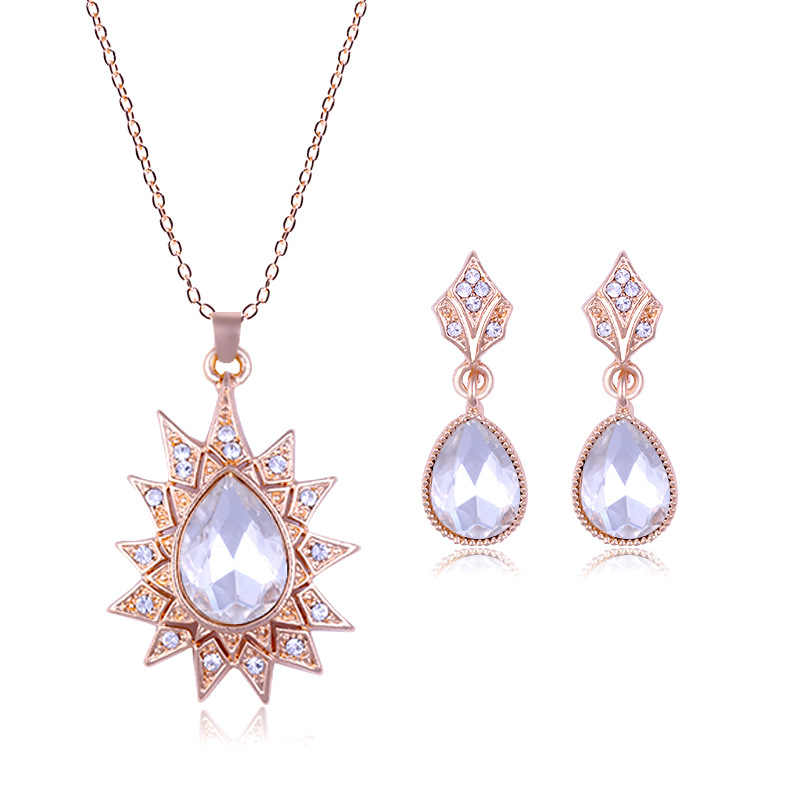 跨境流行时尚镶满钻水滴合金耳环项链套装新娘套装 首饰套装欧美|ms