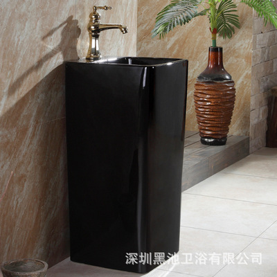 黑色洗手盆阳台洗手盆立柱式洗脸盆一体陶瓷立柱盆酒店KTV洗面盆|ru