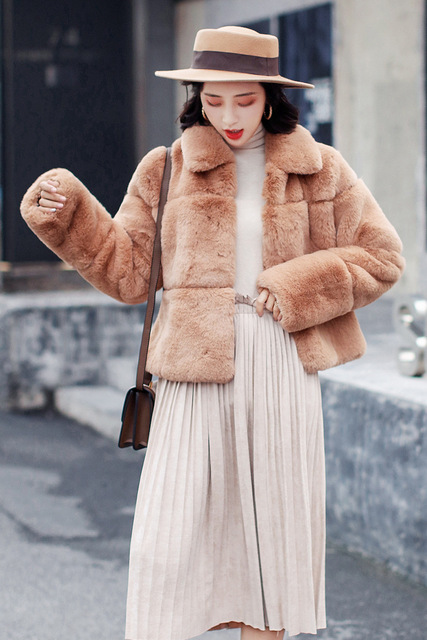 Leather-like Lazy Rabbit Hair Coat Fashion Turn-collar Furry Top