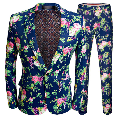 Men youth jazz dance Blue flowers printed blazers dresses suit for youth male men singers band gig jackets studio host stylist suit nightclub wear gromsman coat pants