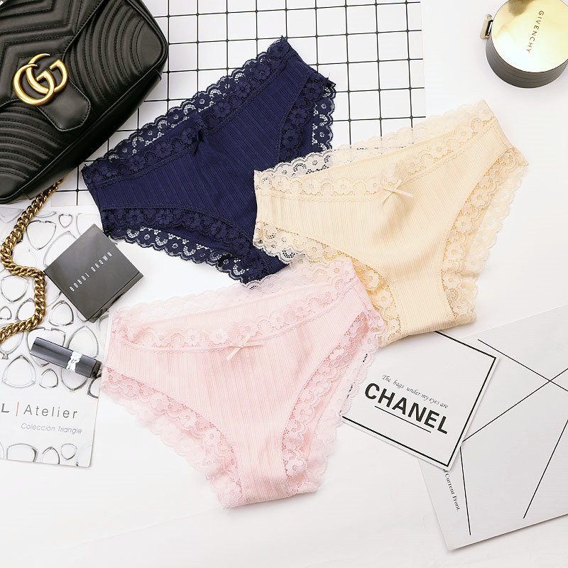 新款 纯棉内裤女透气舒适无痕中腰底裤 性感蝴蝶结蕾丝花边女内裤