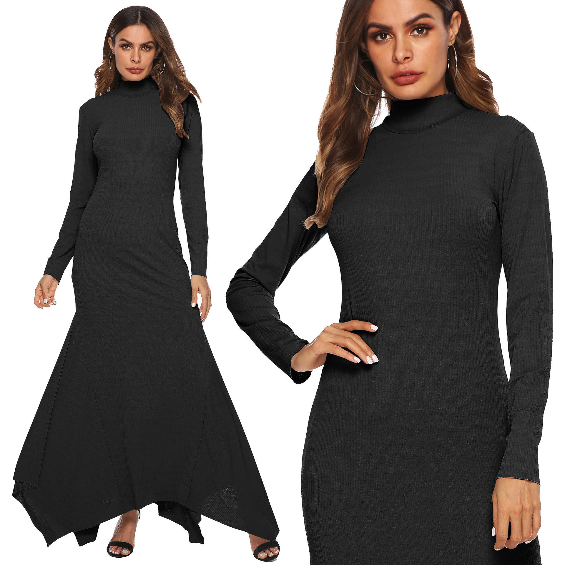 High Stretch Ribbed Turtleneck Fishtail Maxi Dress Slim Fit Asymmetrical Hem Elegant Style Wholesale Available
