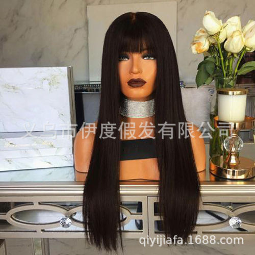 European and American wigs, African air bangs, long straight hair, simulated scalp, chemical fiber high temperature silk headgear, foreign trade black hairstyle