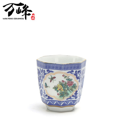 Wan Feng Blue and white porcelain teacup master Tea Single cup peony Kungfu Online tea set Outline in gold teacup personal