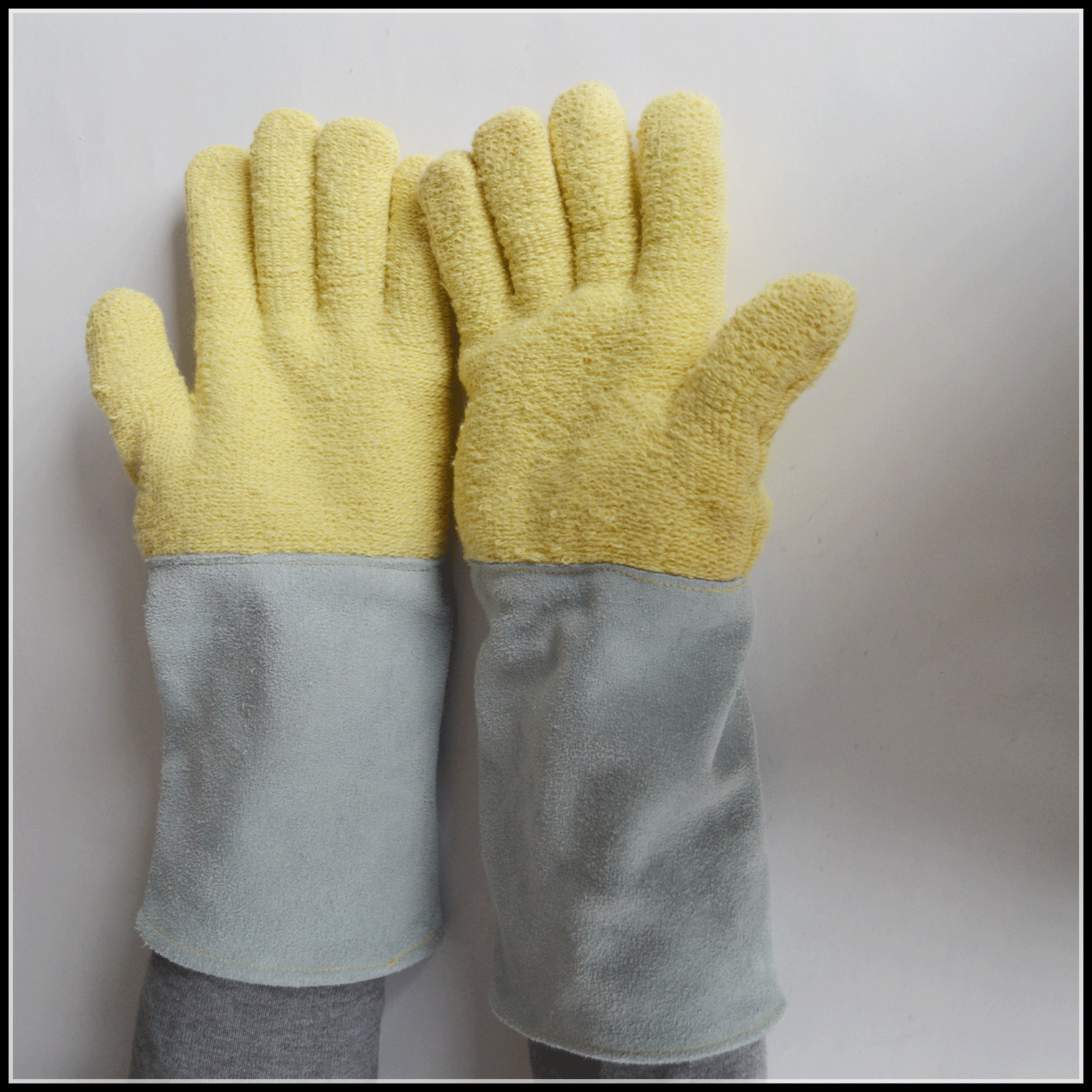 防割耐高温隔热手套 500度毛圈牛皮隔热手套 BBQ加厚防穿刺手套