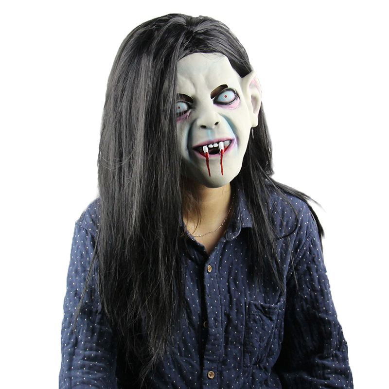 thumbnail image 1 of Disfraces de Halloween 2024 Máscara de Halloween cubierta de cabeza maldición Sadako máscara sangrante máscara de fantasma aterradora Sadako máscara de cubierta de cabeza de terror, 1 of 5