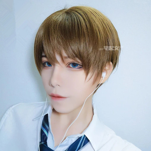 New men's wig handsome male hair student short straight hair black high temperature silk chemical fiber hair anime cos fake hair
