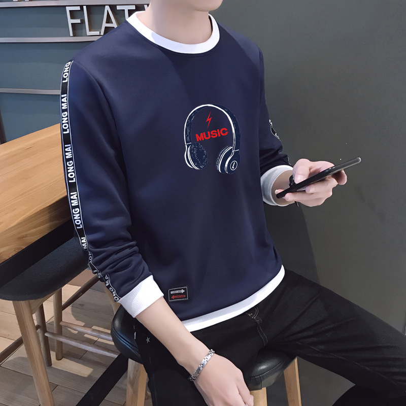 18新款秋冬韩版修身织带男卫衣 套装假两件卫衣耳机款