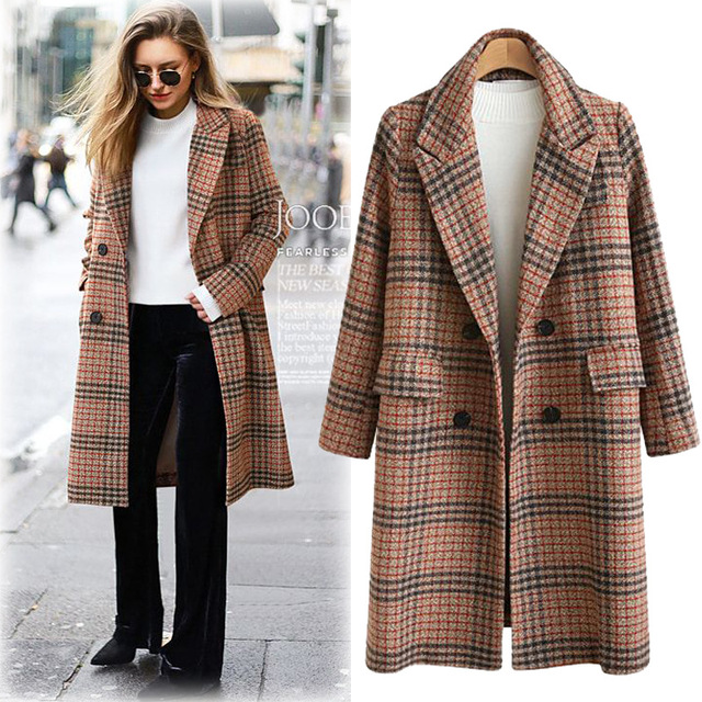 European and American winter new large women’s long sleeve Lapel plaid coat