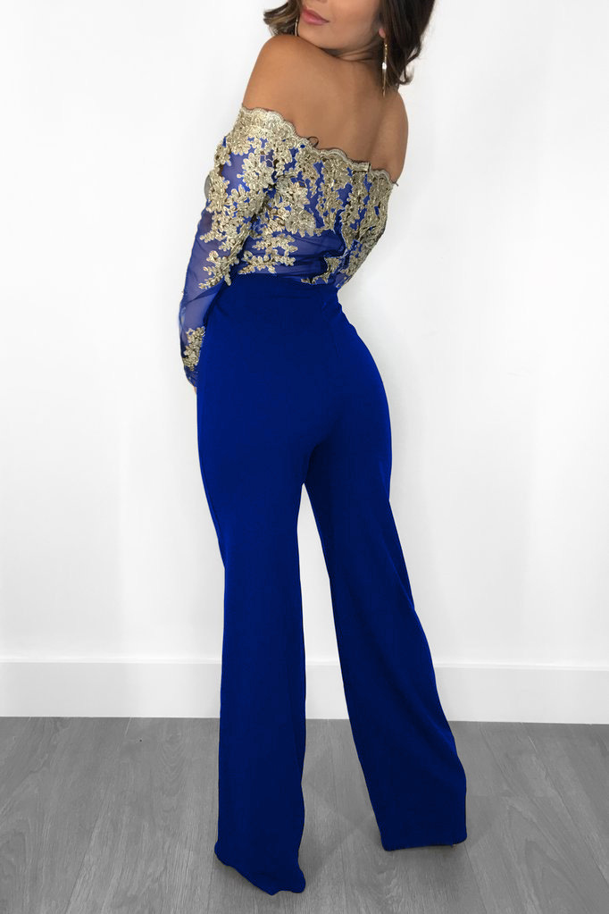 Casual Water-Soluble Lace One-Line Collar Wide-Leg Jumpsuit NSOSM65276