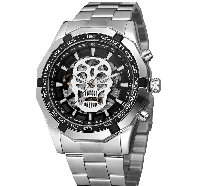 New Men's Fashion Hollow Luminous Skull Automatic Mechanical Watch Ghost Head 340 Waterproof Steel Band Watch