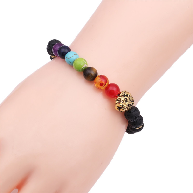 Natural stone colorful chakra energy yoga bracelet 8mm volcanic stone lion head bracelet