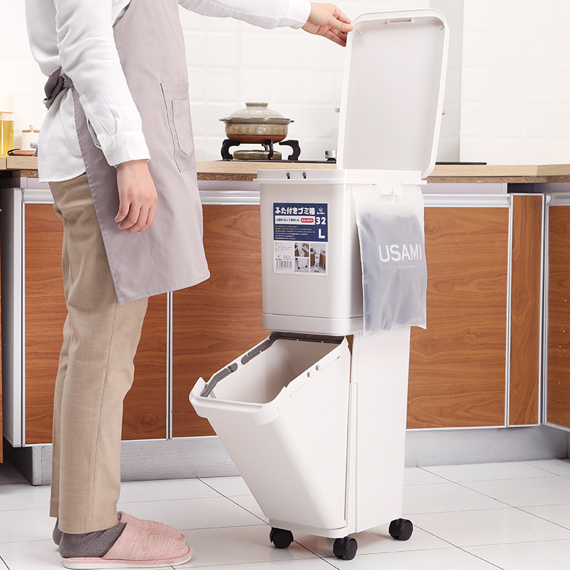 Wholesale narrow double-layer sealed classification trash can Kitchen single cover trash can trash can 32L