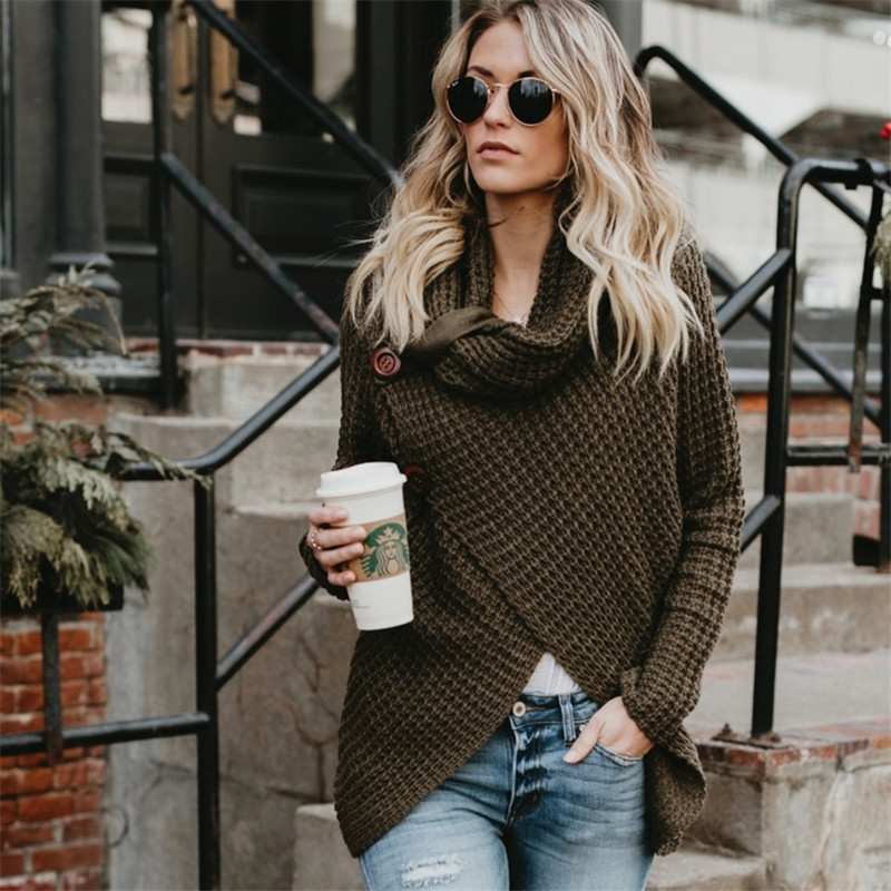 Suéter de Punto Otoño/Invierno 2026, Cárdigan de Cuello Alto con Botones Decorativos, Color Sólido, Estilo Irregular, Ropa de Mujer, Amazon AliExpress image 5
