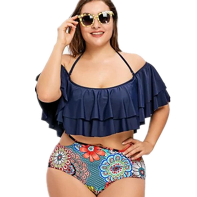 plus size floral high waist fringed one-shoulder swimwear  NSHL42292