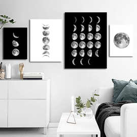 北欧客厅装饰帆布画简约黑白创意月食月亮变化书房挂画无框画芯