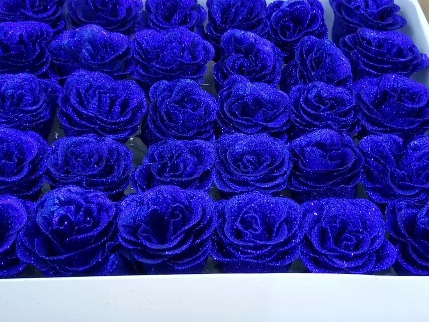 廠家仿真花藍色妖姬金粉水晶玫瑰花束包裝材料仿真花花頭假花藍妖