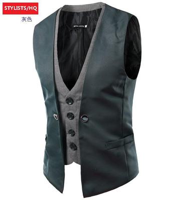 2019跨境外贸新品秋冬马夹男士个性格子拼接假两件单排扣休闲马甲