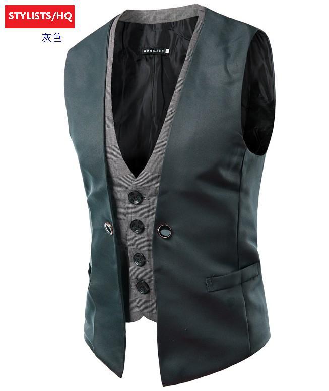 2019跨境外贸新品秋冬马夹男士个性格子拼接假两件单排扣休闲马甲