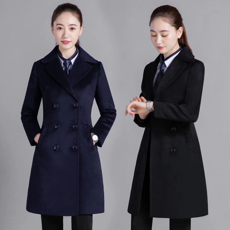 Профессиональная женская одежда Шерстяное пальто средней длины Рабочая одежда Шерстяное пальто Женский персонал Профессиональное шерстяное большое платье с длинными рукавами