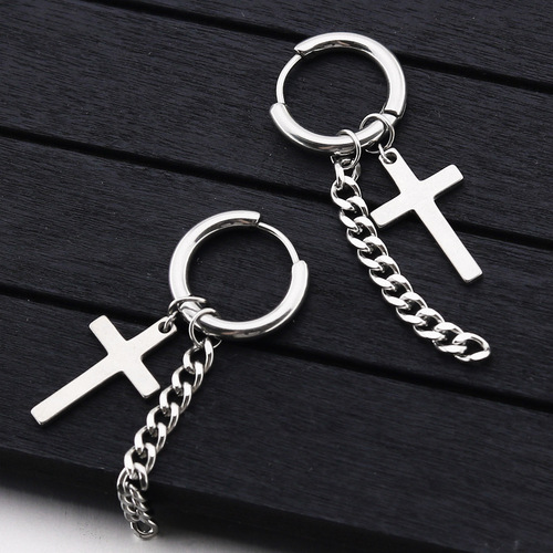 Japanese and Korean hip-hop punk trend men's stainless steel chain earrings cross round black titanium steel earrings ear buckle
