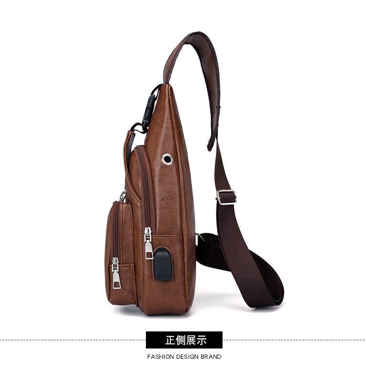 Cross -border explosion USB men's chest bag portable charging casual mesengers outdoor sports PU chest bag